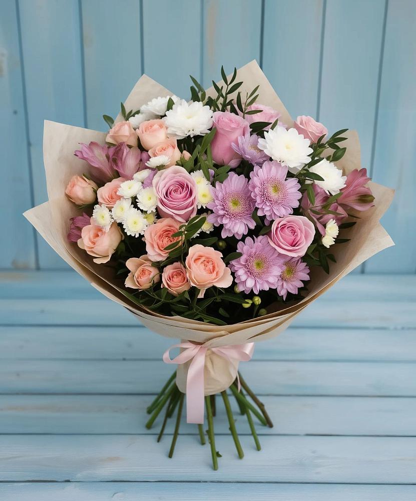 Букет цветов из: Хризантемы, Розы и Альстромерии в Высоком