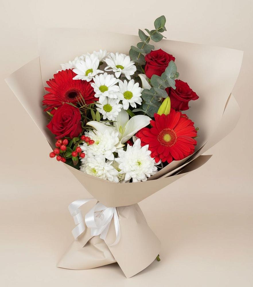 Букет цветов из: Розы, Хризантемы, Герберы и Лилии в Высоком