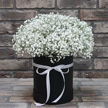 Цветочная композиция из Гипсофила в шляпной коробке в Высоком