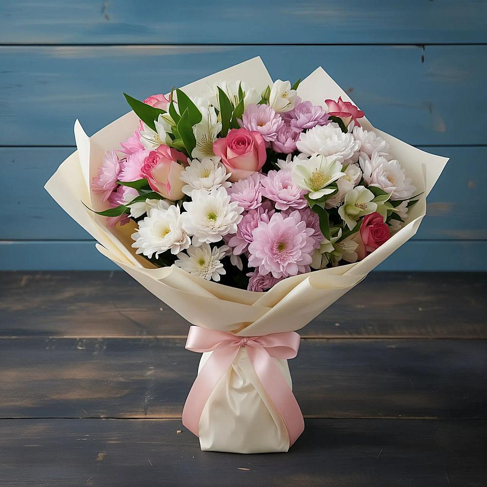 Букет цветов из: Хризантемы, Альстромерии и Розы в Высоком